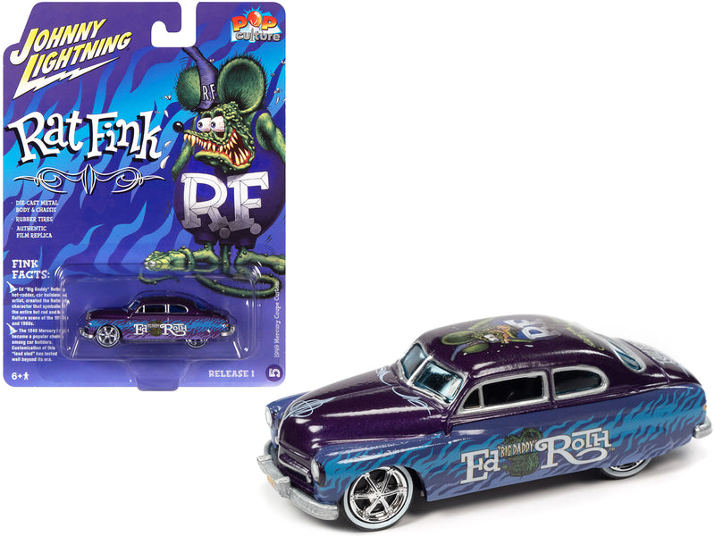 1949 Mercury Coupe Custom Purple Metallic with Graphics Rat Fink Pop Culture 2022 Release 1 1/64 Diecast Model Car by Johnny Lightning