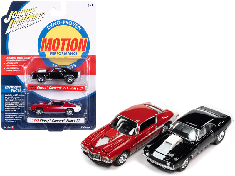 1969 Chevrolet Camaro ZLX Phase III Black with White Stripes and 1973 Chevrolet Camaro Phase III Medium Red and White Baldwin Motion Set of 2 Cars 1/64 Diecast Model Cars by Johnny Lightning