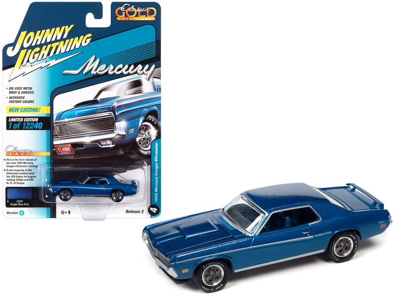 1969 Mercury Cougar Eliminator Bright Blue Metallic with White Stripes Classic Gold Collection Series Limited Edition to 12240 pieces Worldwide 1/64 Diecast Model Car by Johnny Lightning