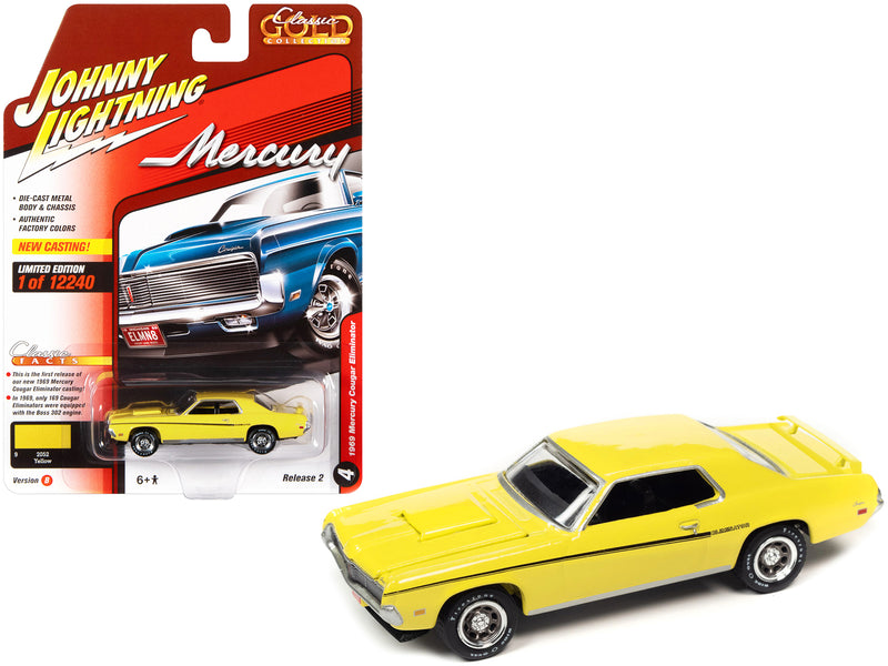 1969 Mercury Cougar Eliminator Yellow with Black Stripes Classic Gold Collection Series Limited Edition to 12240 pieces Worldwide 1/64 Diecast Model Car by Johnny Lightning