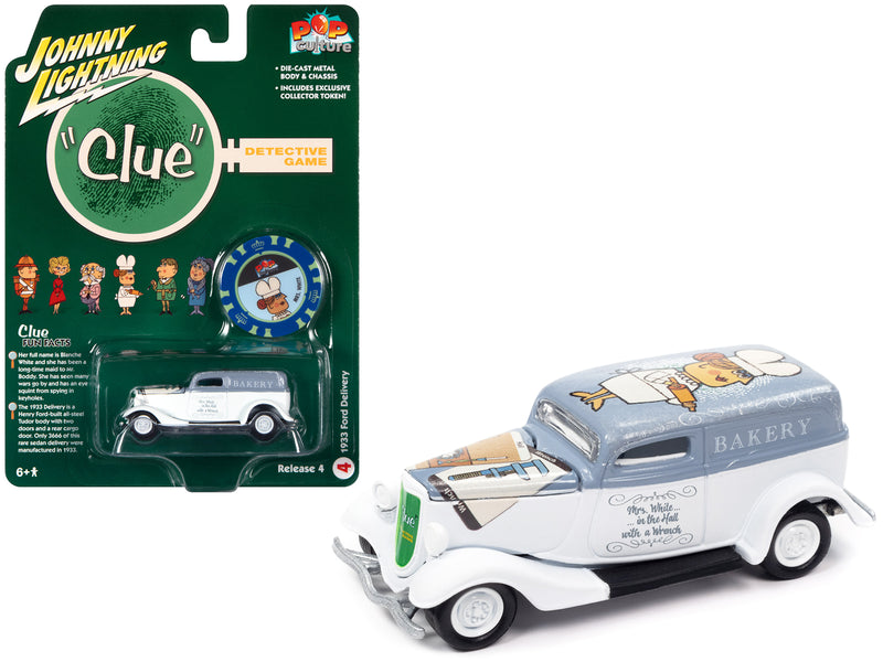 1933 Ford Delivery Van White with Gray Top (Mrs. White) with Poker Chip Collector's Token Vintage Clue Pop Culture 2022 Release 4 1/64 Diecast Model Car by Johnny Lightning