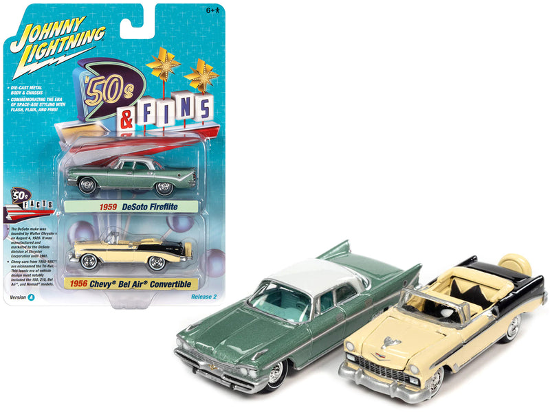 1959 Desoto Fireflite Surf Green Metallic with White Top and 1956 Chevrolet Bel Air Convertible Crocus Yellow and Black '50s & Fins Series Set of 2 Cars 1/64 Diecast Model Cars by Johnny Lightning