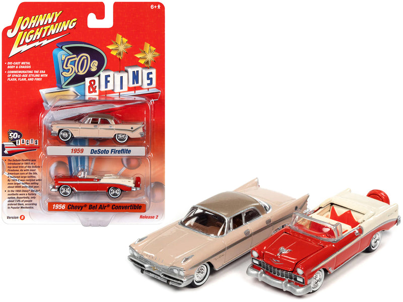 1959 Desoto Fireflite Spring Rose Pink with Golden Tan Top and 1956 Chevrolet Bel Air Convertible Matador Red and White '50s & Fins Series Set of 2 Cars 1/64 Diecast Model Cars by Johnny Lightning