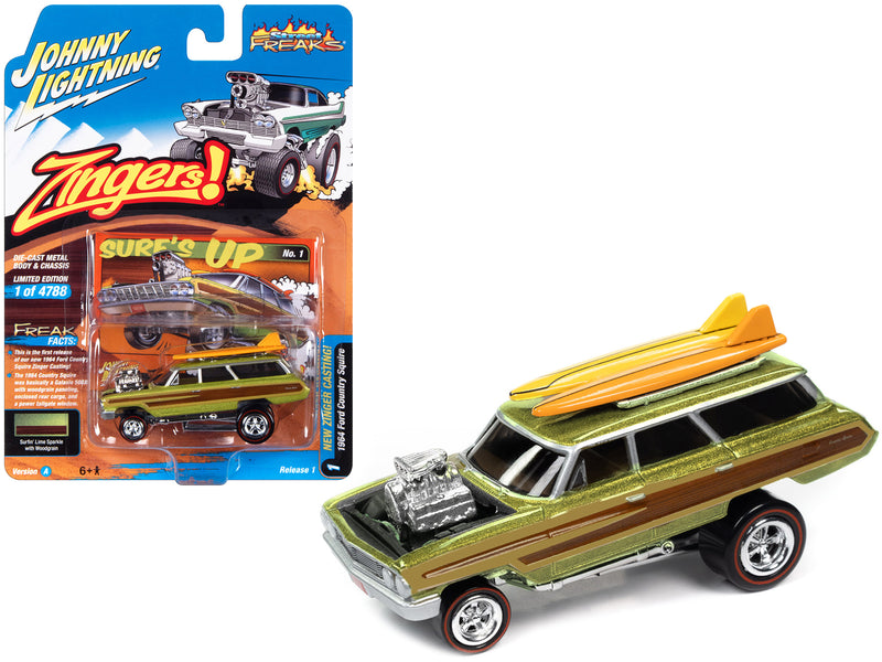 1964 Ford Country Squire Surfin' Lime Metallic with Woodgrain Panels and Surfboard on Roof Zingers! Limited Edition to 4788 pieces Worldwide Street Freaks Series 1/64 Diecast Model Car by Johnny Lightning