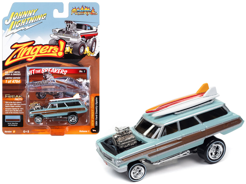 1964 Ford Country Squire Surfin' Baby Blue with Woodgrain Panels and Surfboard on Roof Zingers! Limited Edition to 4764 pieces Worldwide Street Freaks Series 1/64 Diecast Model Car by Johnny Lightning