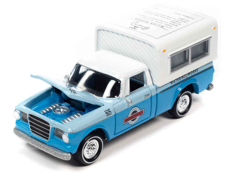 1960 Studebaker Pickup Truck Light Blue and Blue Two-Tone with Camper Water Works with Game Token Monopoly Pop Culture 2023 Release 2 1/64 Diecast Model Car by Johnny Lightning