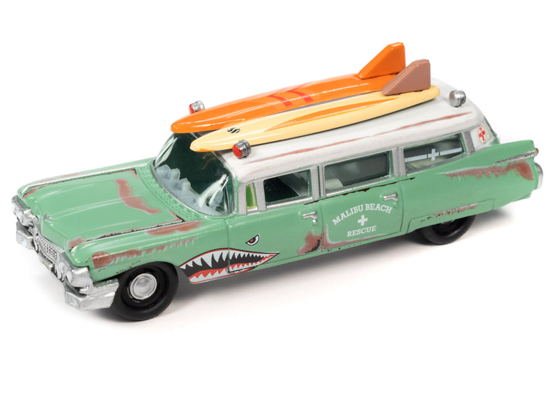 1950 Mercury Woody Wagon Matt Black w/ Wood Panels Nomad Surf Shop & 1959 Cadillac Ambulance Teal w/ Surf Shark Graphics & White Top Rusted Malibu Beach Rescue Surf Rods Set 2 Cars 2-Packs 2023 Release 2 1/64 Diecast Models by Johnny Lightning