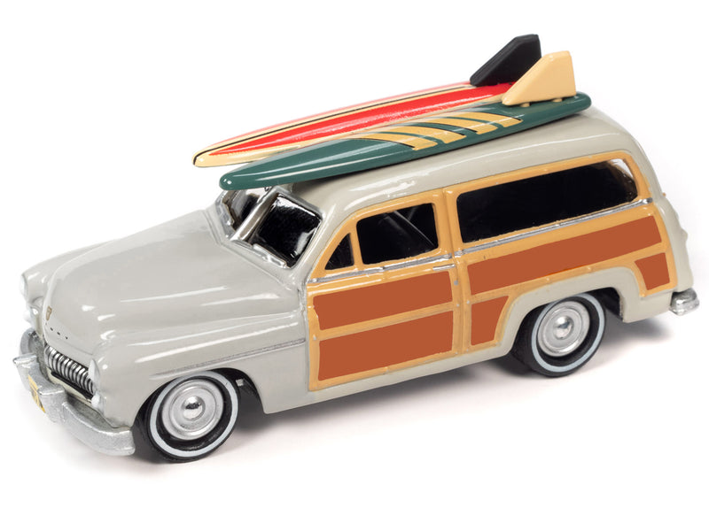 1950 Mercury Woody Wagon Dakota Gray with Wood Panels & Surfboards on Roof & 1959 Cadillac Ambulance Dull Red w/ Surfboards on Roof Cocoa Beach Rescue Patrol Surf Rods Set of 2 Cars 2-Packs 2023 Release 2 1/64 Diecast Model Cars by Johnny Lightning