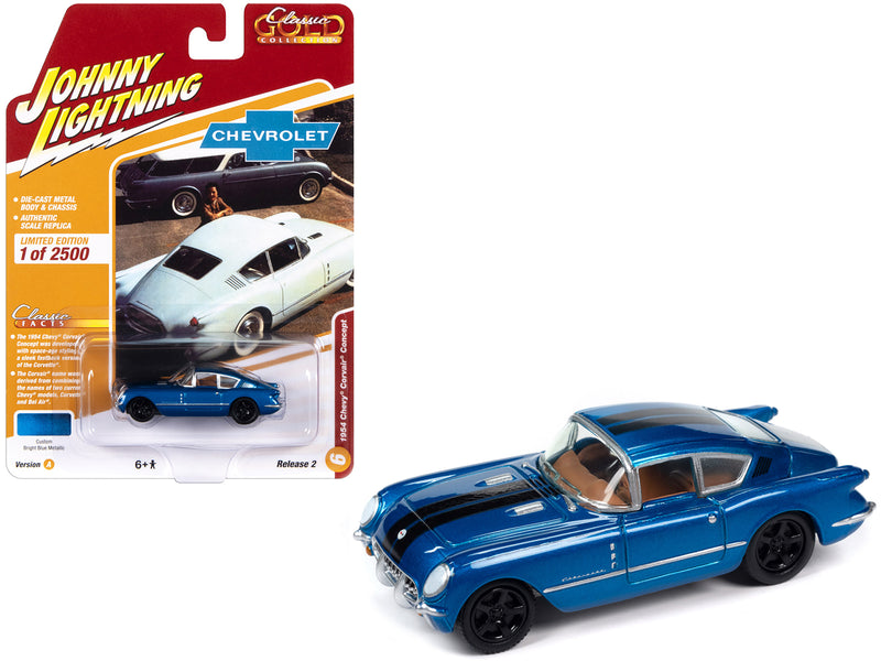 1954 Chevrolet Corvair Concept Car Bright Blue Metallic with Black Stripes Classic Gold Collection 2023 Release 2 Limited Edition to 2500 pieces Worldwide 1/64 Diecast Model Car by Johnny Lightning