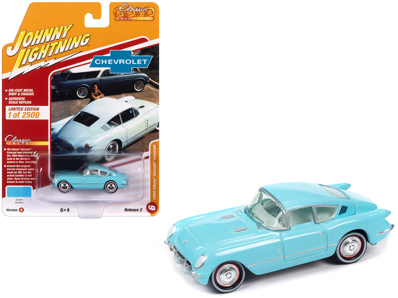 1954 Chevrolet Corvair Concept Car Sky Blue with Light Blue Interior Classic Gold Collection 2023 Release 2 Limited Edition to 2500 pieces Worldwide 1/64 Diecast Model Car by Johnny Lightning