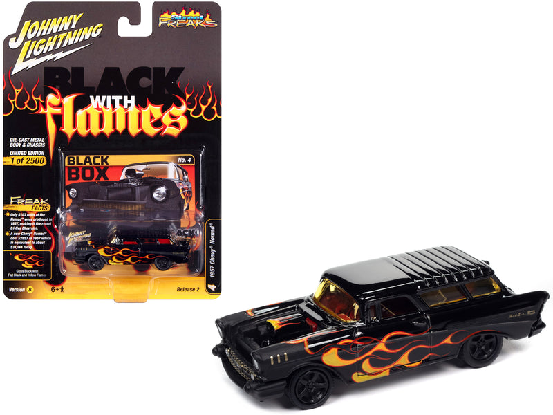 1957 Chevrolet Nomad Black Box Black with Red and Yellow Flames Black with Flames Limited Edition to 2500 pieces Worldwide Street Freaks Series 1/64 Diecast Model Car by Johnny Lightning