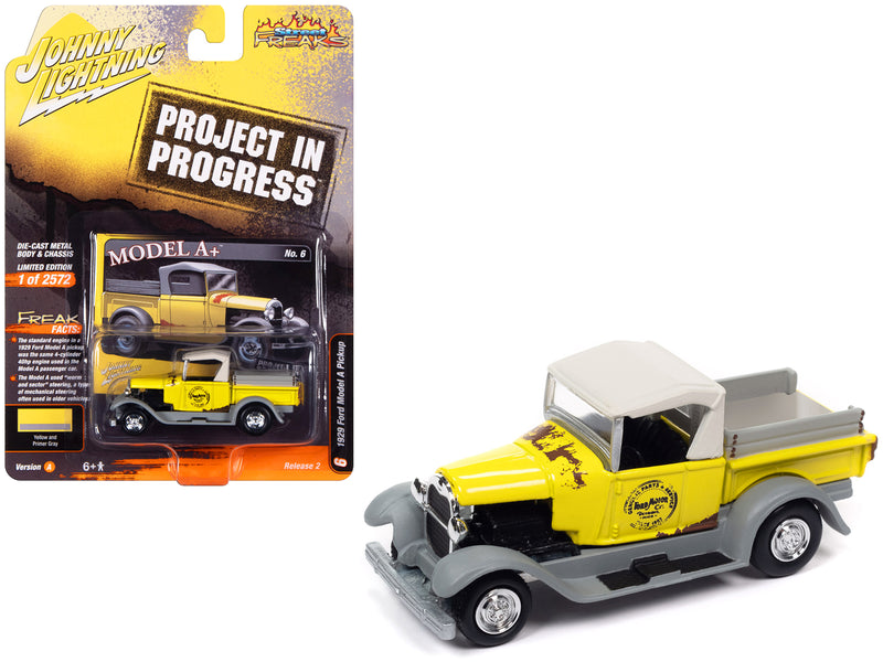 1929 Ford Model A Pickup Truck Model A+ Yellow and Primer Gray Project in Progress Limited Edition to 2572 pieces Worldwide Street Freaks Series 1/64 Diecast Model Car by Johnny Lightning