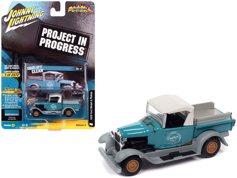 1929 Ford Model A Pickup Truck Squeaky Clean Aqua Blue and Primer Gray Project in Progress Limited Edition to 2572 pieces Worldwide Street Freaks Series 1/64 Diecast Model Car by Johnny Lightning