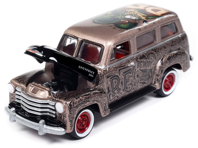 1950 Chevrolet 3100 Suburban Bronze Metallic with Black Hood Rat Fink Pop Culture 2024 Release 1 1/64 Diecast Model Car by Johnny Lightning