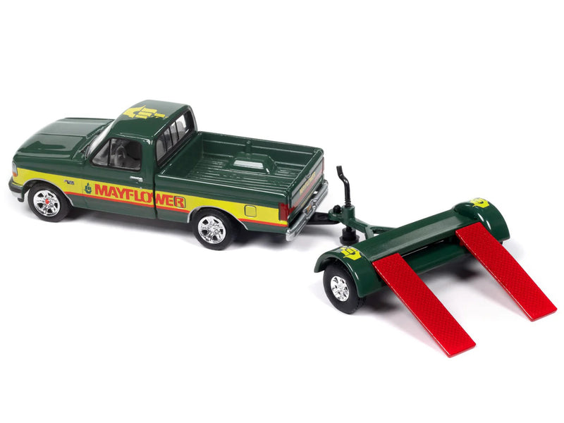 1993 Ford F-150 Pickup Truck Green and Yellow "Mayflower" with Tow Dolly "Tow & Go" Series 1/64 Diecast Model Car by Johnny Lightning