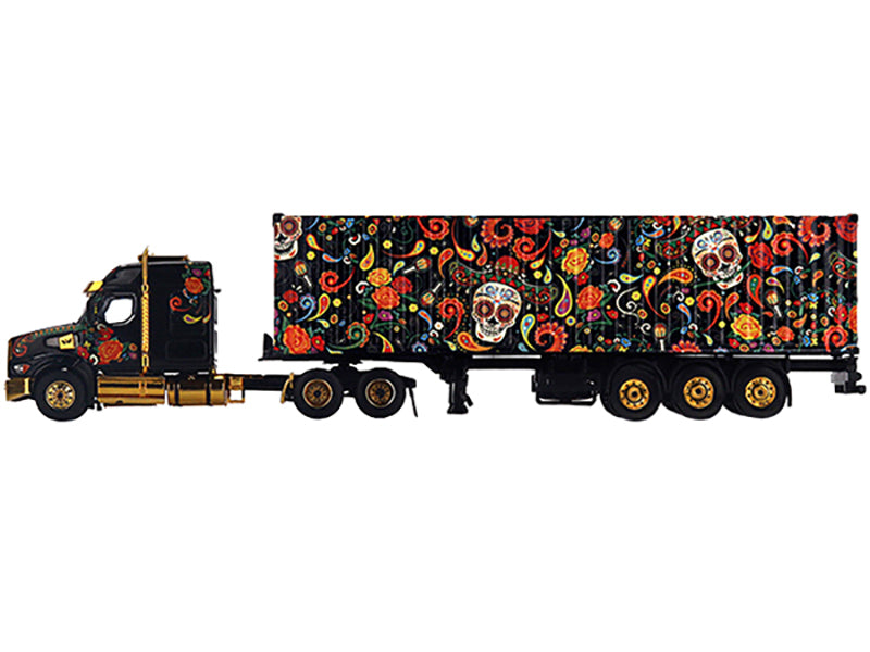 Western Star 49X with 40 Ft Container Dia de los Muertos (Day of the Dead) Black with Graphics 1/64 Diecast Model by Mini GT