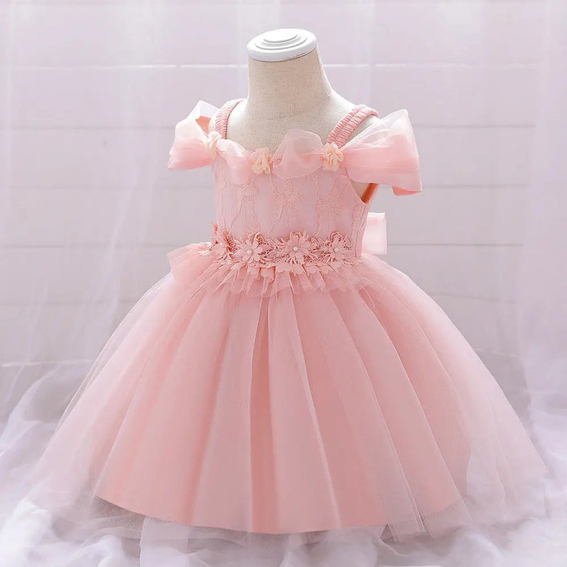 Newborn Baby Girl Birthday Baptism Dress One Shoulder Puff Sleeves Princess Dress