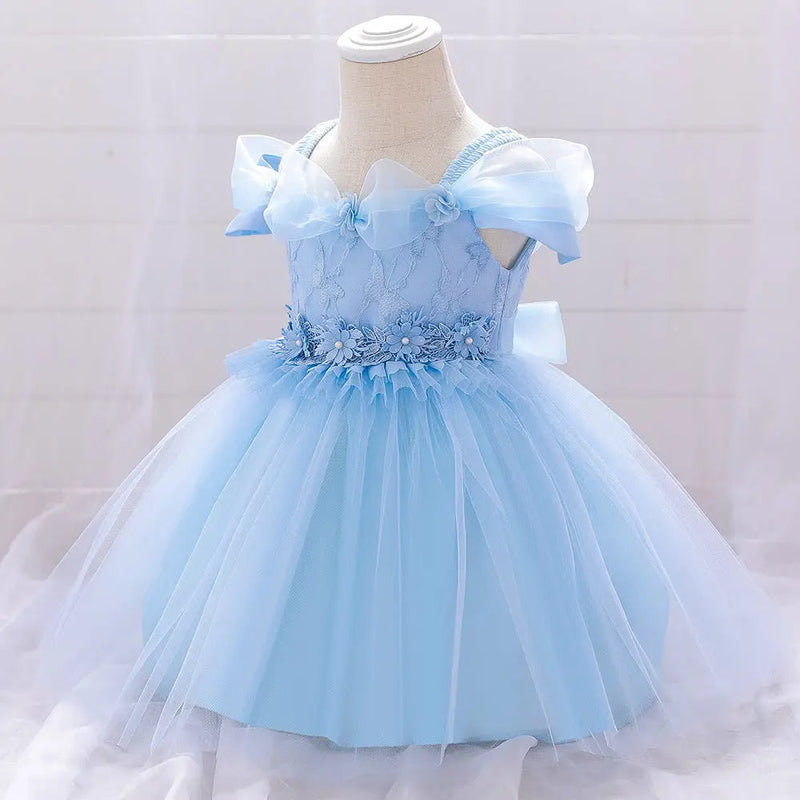 Newborn Baby Girl Birthday Baptism Dress One Shoulder Puff Sleeves Princess Dress