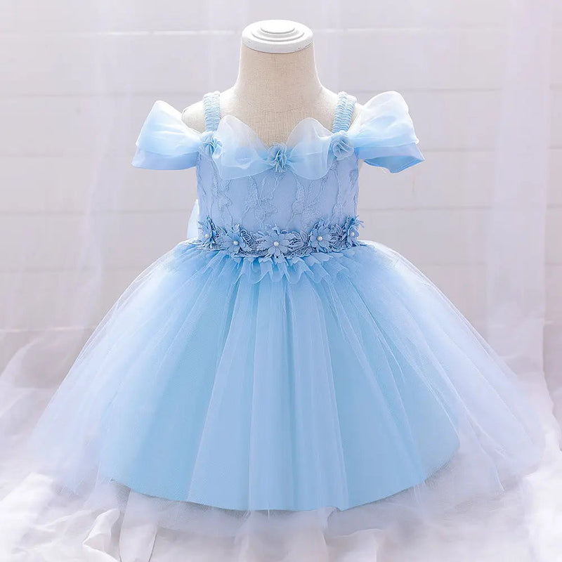 Newborn Baby Girl Birthday Baptism Dress One Shoulder Puff Sleeves Princess Dress