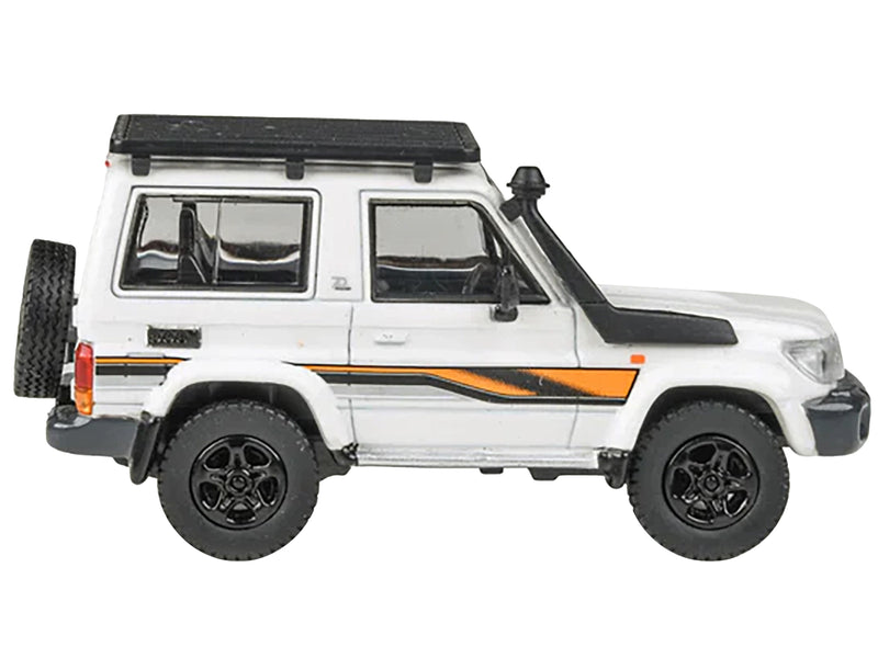 2023 Toyota Land Cruiser 71 White "70th Anniversary" with Stripes and Roofrack 1/64 Diecast Model Car by Paragon Models