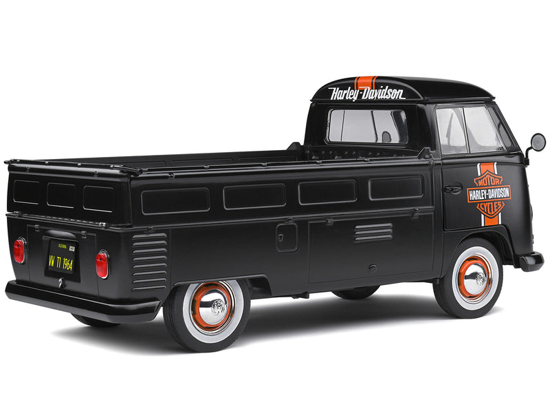 1950 Volkswagen T1 Custom Pickup Truck Matt Black with Orange Stripes Harley Davidson with Surfboard Accessory 1/18 Diecast Model Car by Solido