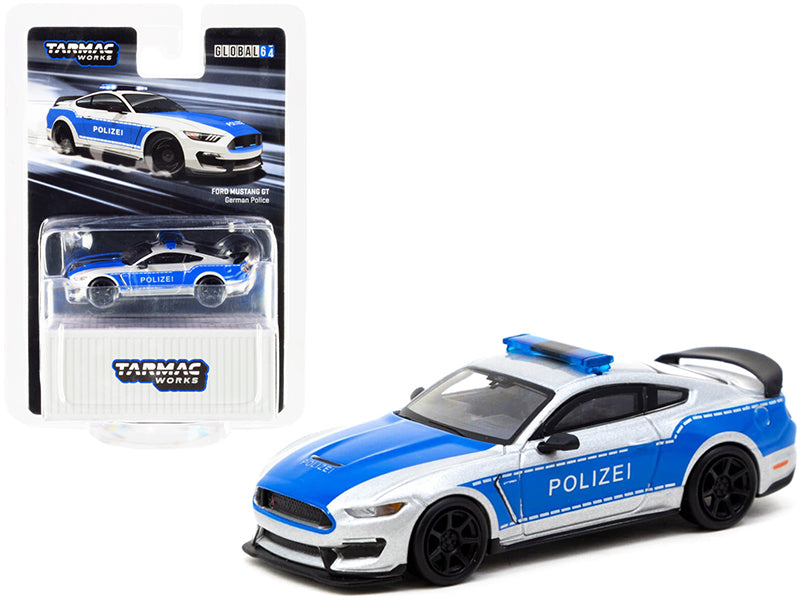 Ford Mustang GT "Polizei" German Police Silver and Blue "Global64" Series 1/64 Diecast Model Car by Tarmac Works