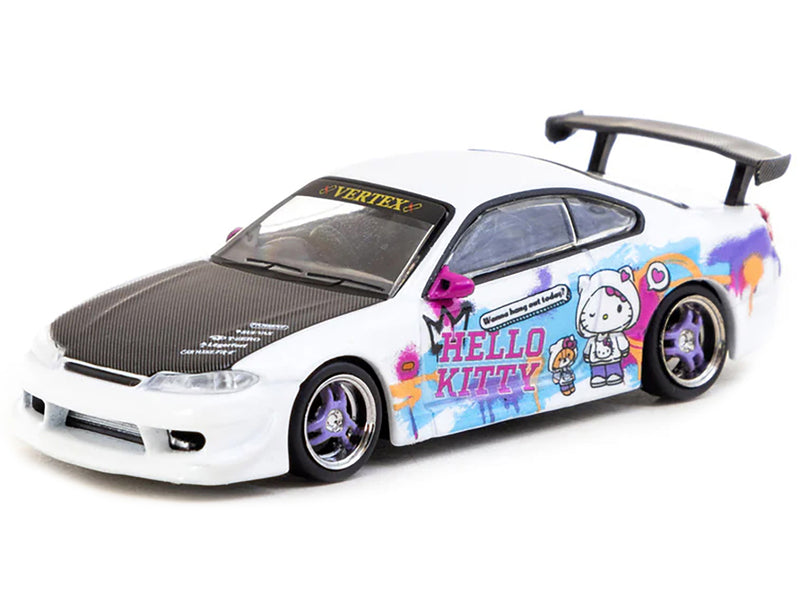 Nissan Silvia (S15) Vertex RHD (Right Hand Drive) "Hello Kitty Drift Car" White with Carbon Hood and Graphics "Global64" Series 1/64 Diecast Model by Tarmac Works