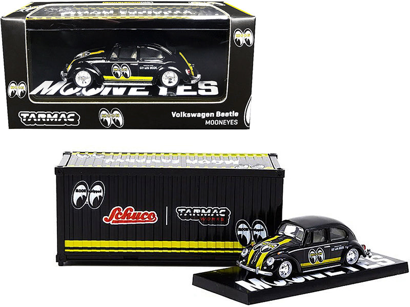 Volkswagen Beetle Mooneyes Black with Yellow Stripes with Container Case Collaboration Model 1/64 Diecast Model Car by Schuco & Tarmac Works