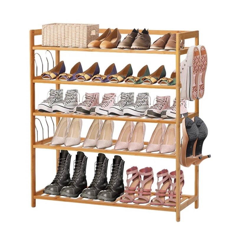 Bamboo 5-Shelf Multifunctional Shoe Rack - Holds up to 20 Pair of Shoes