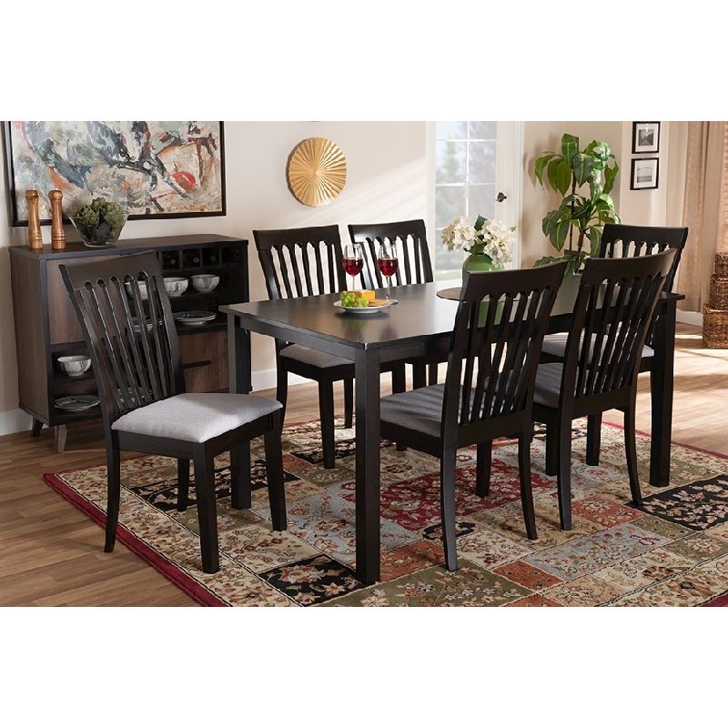 Sand Fabric Upholstered Espresso Brown Finished Wood 7-Piece Dining Set