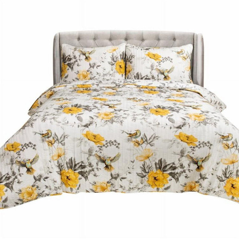 King size 3 Piece White Yellow Grey Reversible Floral Birds Cotton Quilt Set