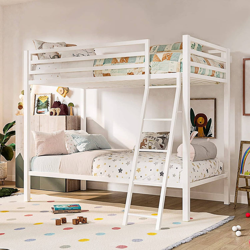 Twin over Twin Modern Metal Bunk Bed Frame in White with Ladder