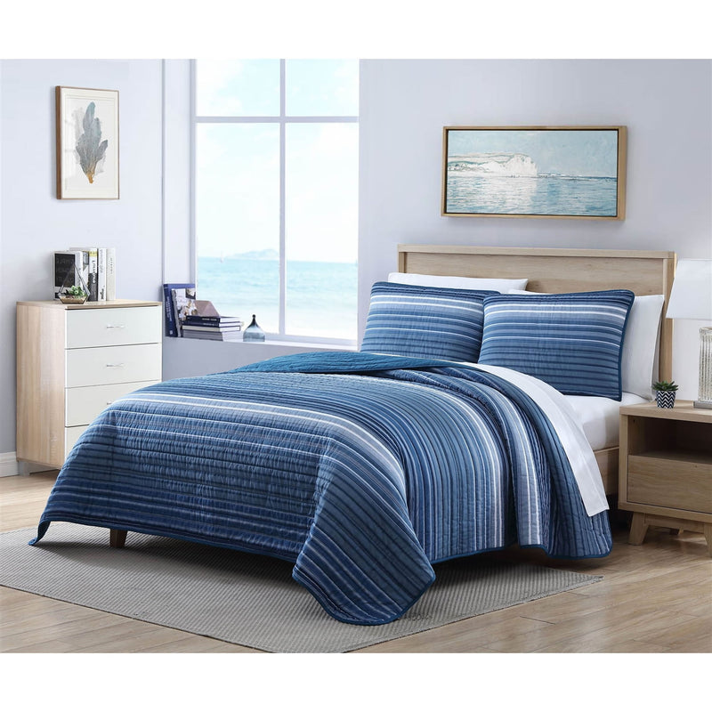 Twin Size Coastal Blue Stripe Reversible  Cotton Quilt Set