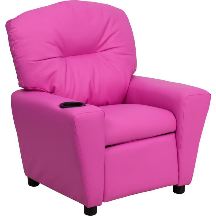 Contemporary Hot Pink Vinyl Kids Recliner with Cup Holder