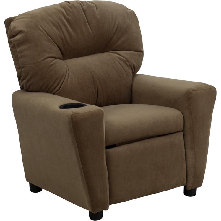 Contemporary Brown Microfiber Kids Recliner with Cup Holder