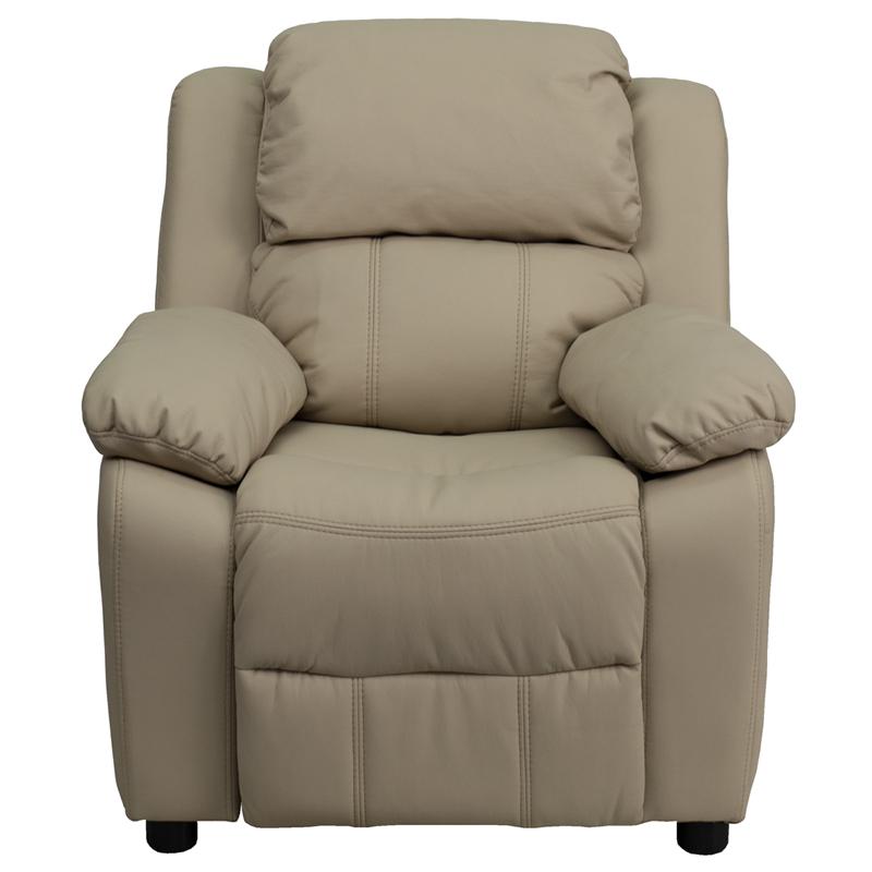 Deluxe Padded Contemporary Beige Vinyl Kids Recliner with Storage Arms