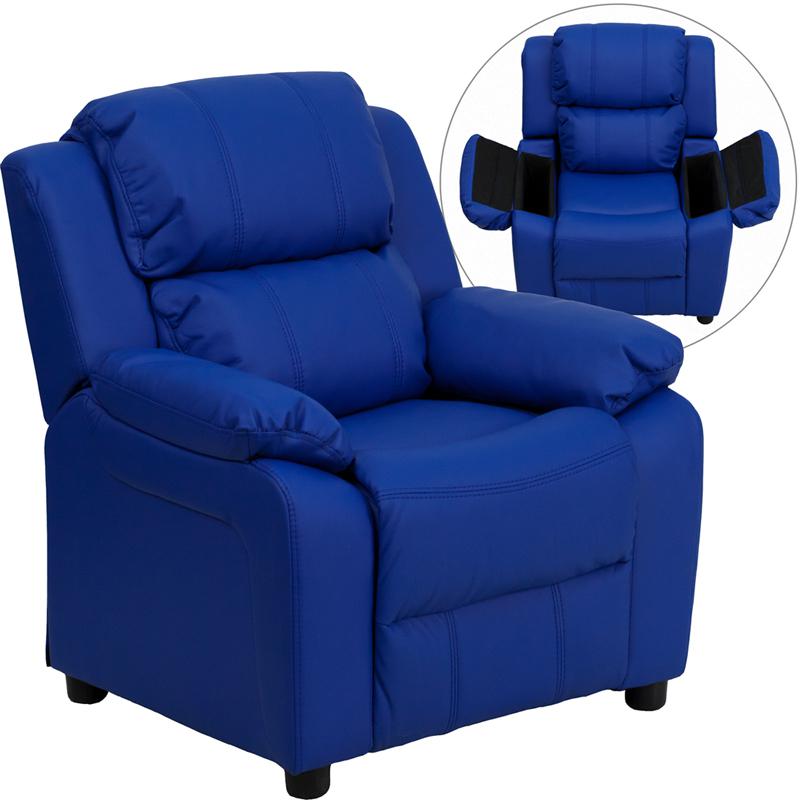 Deluxe Padded Contemporary Blue Vinyl Kids Recliner with Storage Arms