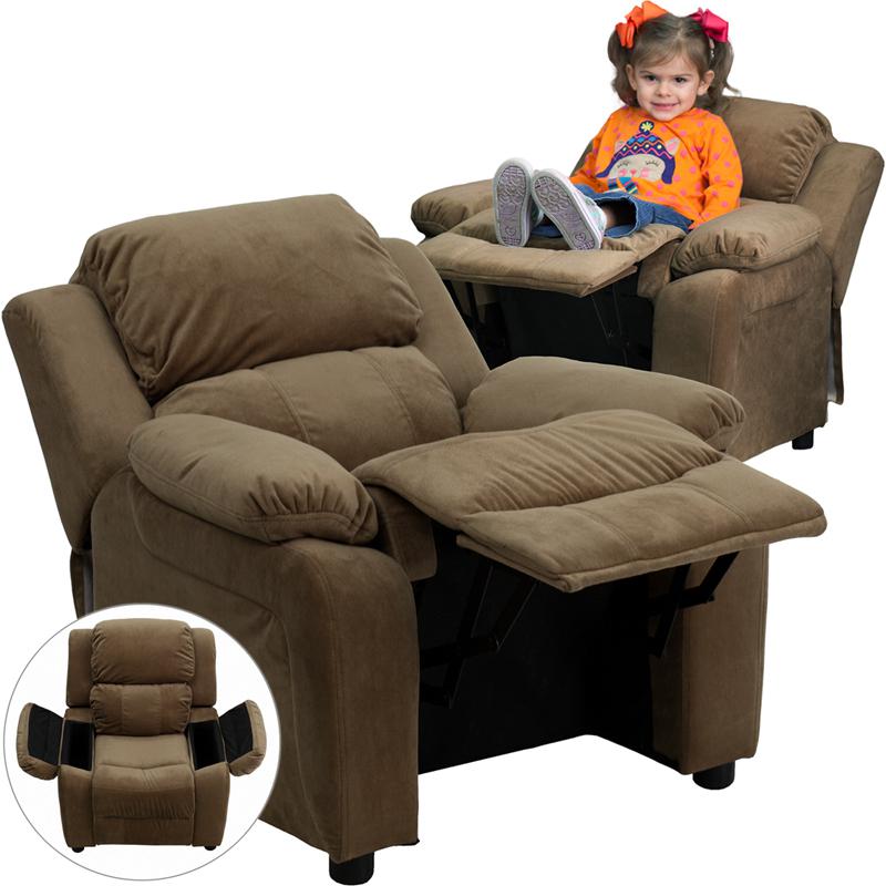 Deluxe Padded Contemporary Brown Microfiber Kids Recliner with Storage Arms