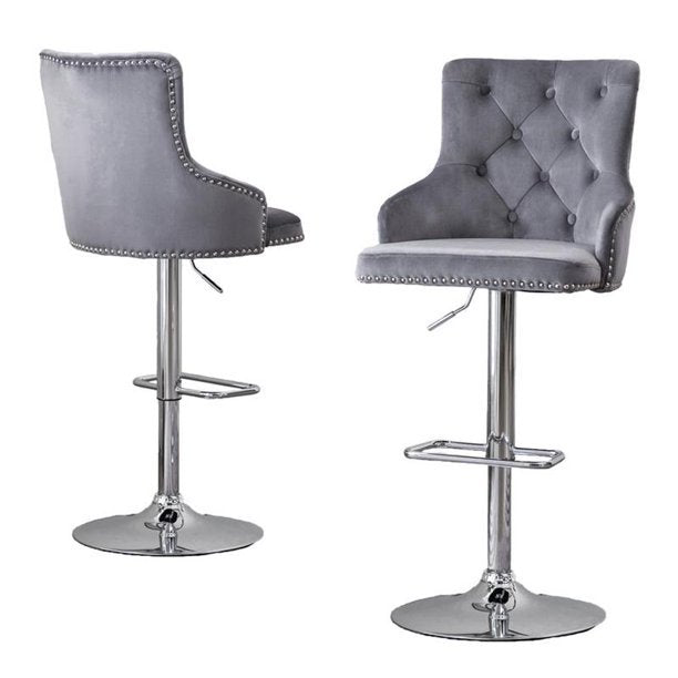 Tufted Velvet Upholstered Adjustable Bar Stool in Dark Grey, Set of 2, Dark Grey