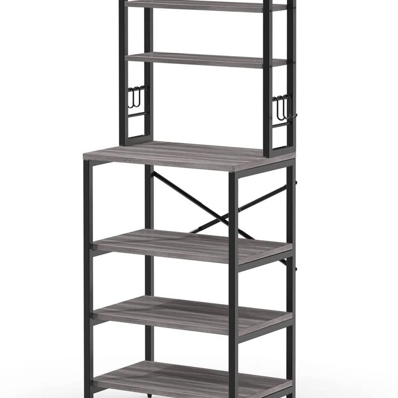 Modern Gray Metal Wood Kitchen Bakers Rack Shelf Microwave Stand