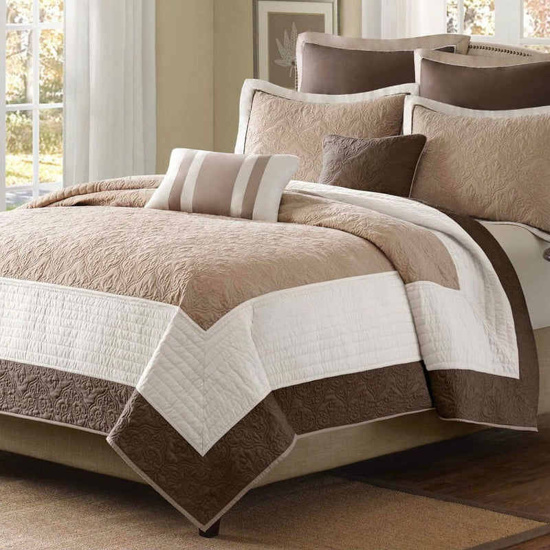 King Brown Ivory Tan Cream 7 Piece Quilt Coverlet Bedspread Set