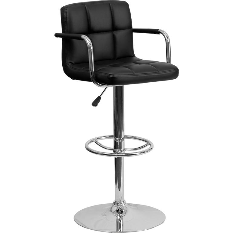 Black Quilted Vinyl Adjustable Height Barstool with Arms and Chrome Base