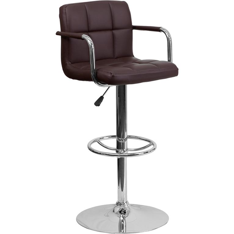 Brown Quilted Vinyl Adjustable Height Barstool with Arms and Chrome Base