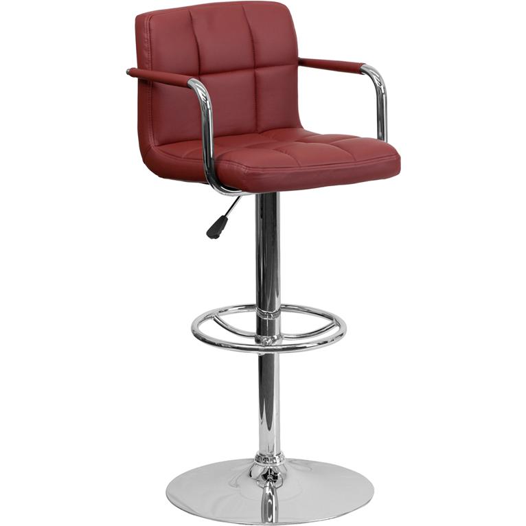 Burgundy Quilted Vinyl Adjustable Height Barstool with Arms and Chrome Base