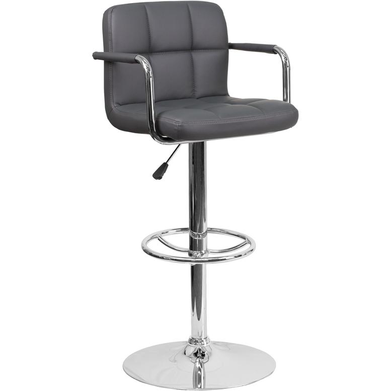 Gray Quilted Vinyl Adjustable Height Barstool with Arms and Chrome Base