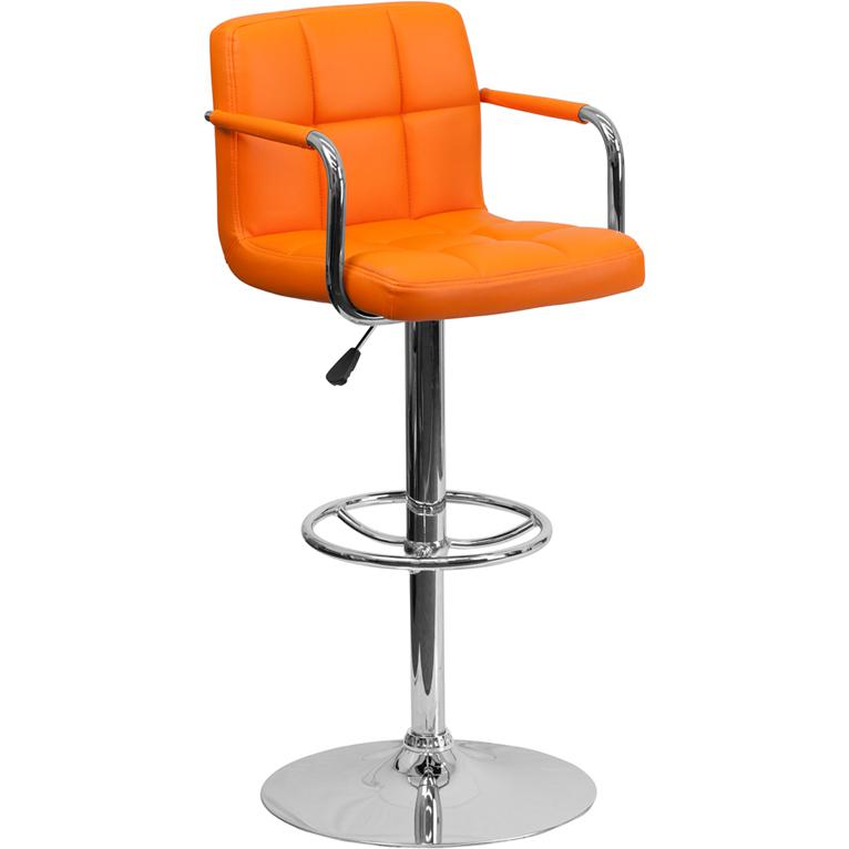 Orange Quilted Vinyl Adjustable Height Barstool with Arms and Chrome Base