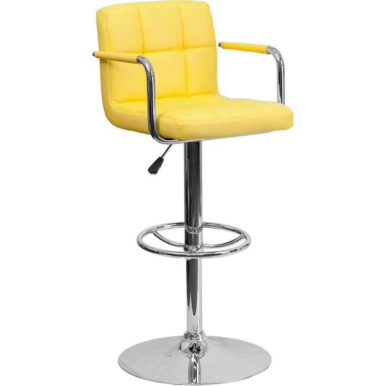 Yellow Quilted Vinyl Adjustable Height Barstool with Arms and Chrome Base