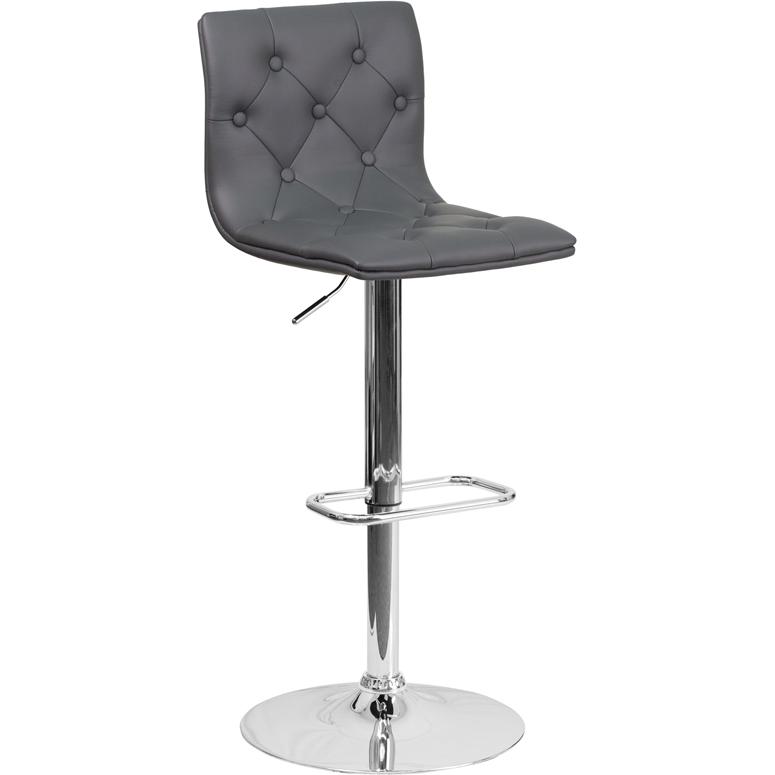 Button Tufted Gray Vinyl Adjustable Height Barstool with Chrome Base