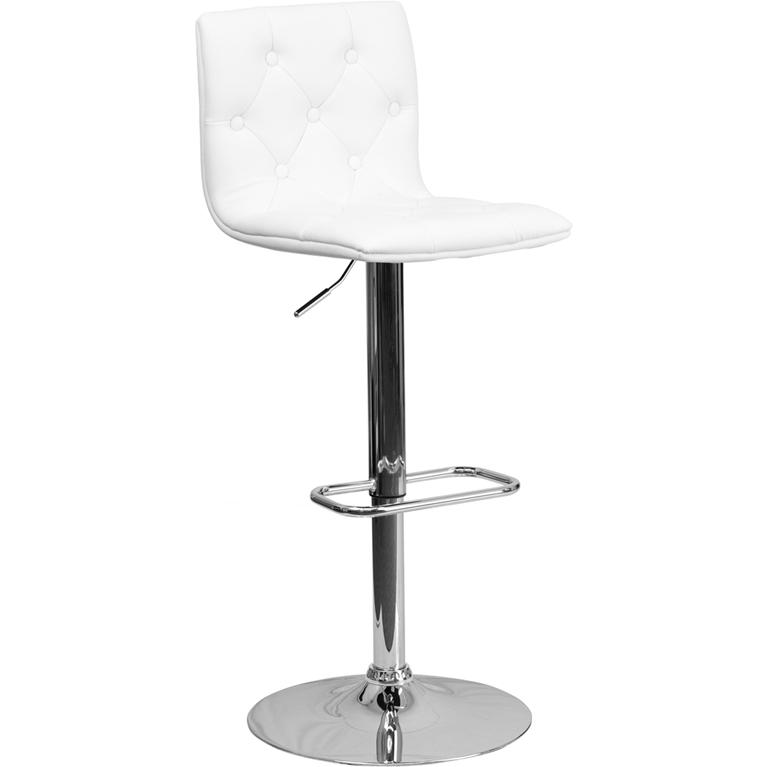 Button Tufted White Vinyl Adjustable Height Barstool with Chrome Base