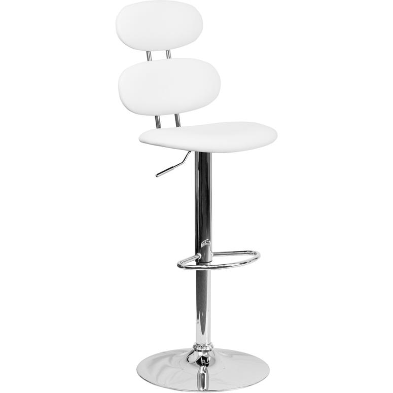 White Vinyl Adjustable Height Barstool with Ellipse Back and Chrome Base